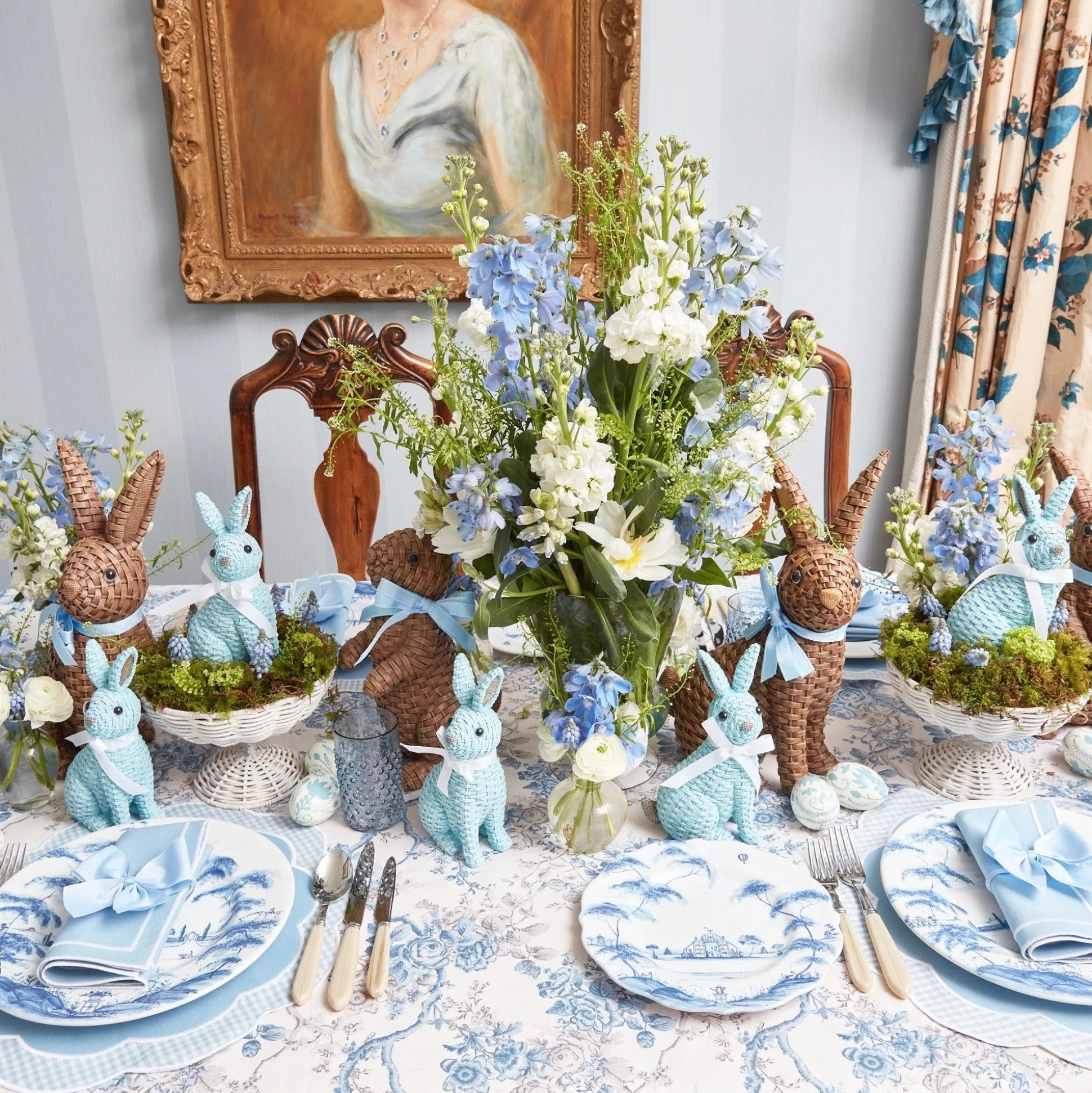 Blue & Brown Rattan Rabbit Family