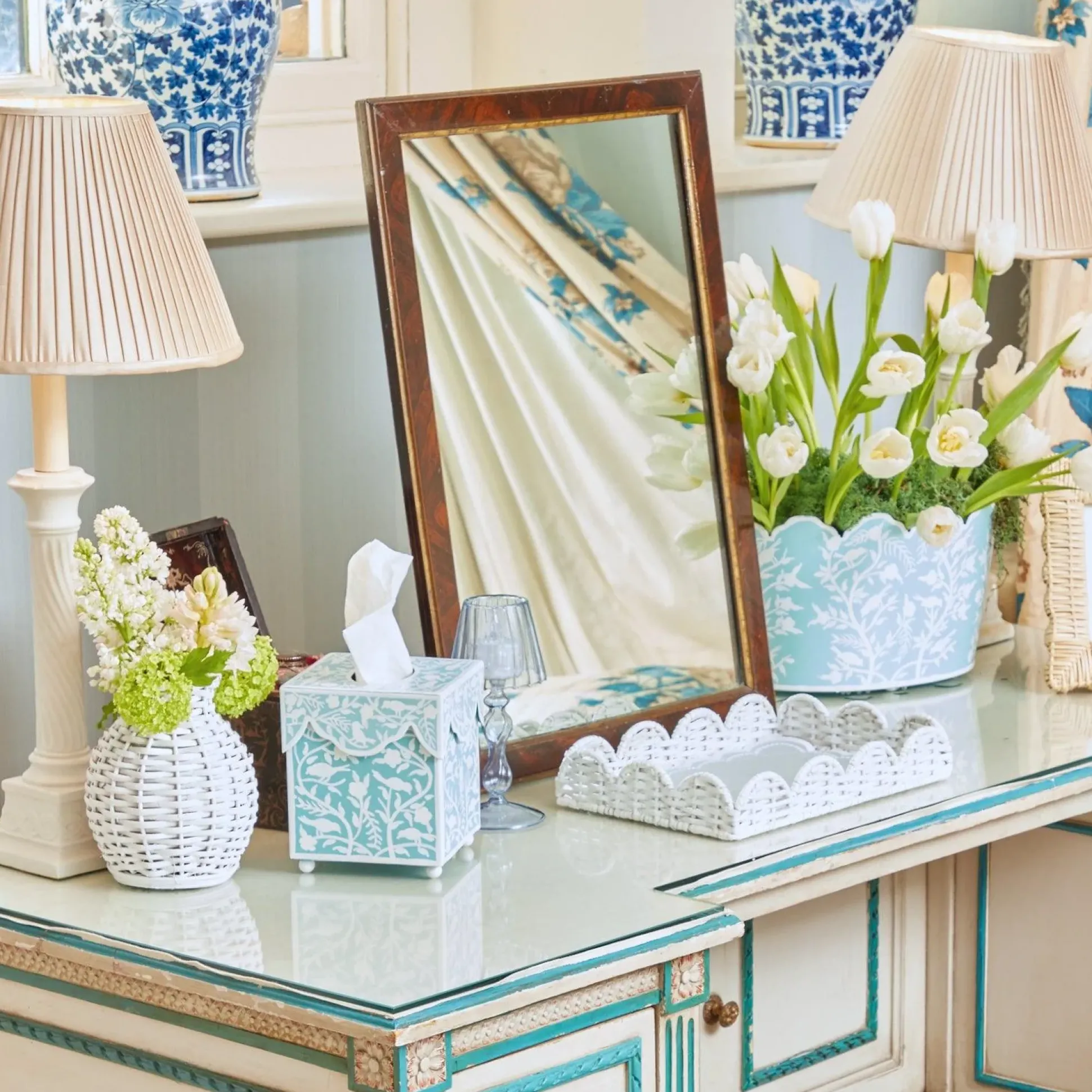 Blue Floral Tole Tissue Box