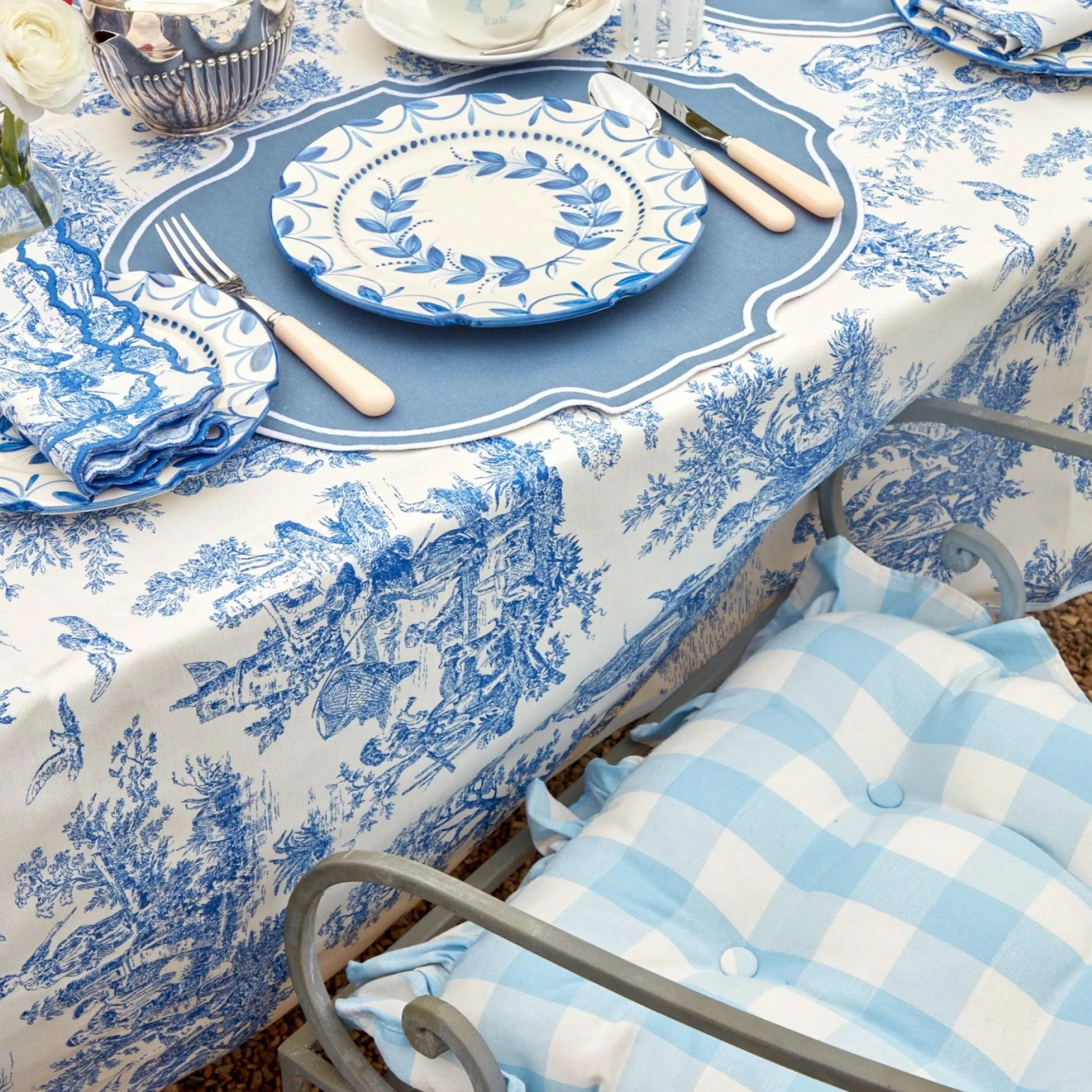Blue Gingham Ruffle Seat Pad Cushion (Set Of 4)