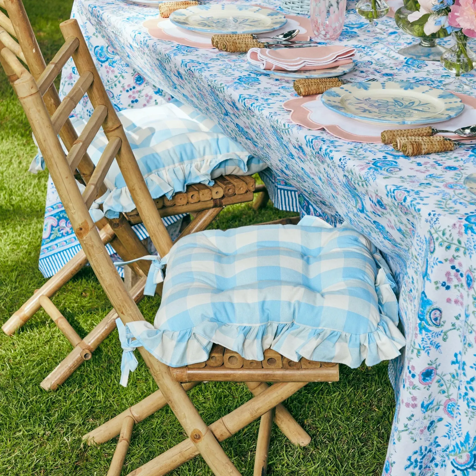 Blue Gingham Ruffle Seat Pad Cushion (Set Of 4)