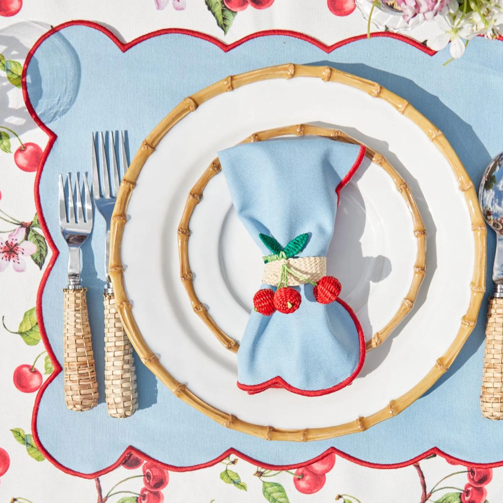 Blue With Red Scallop Napkins (Set Of 4)