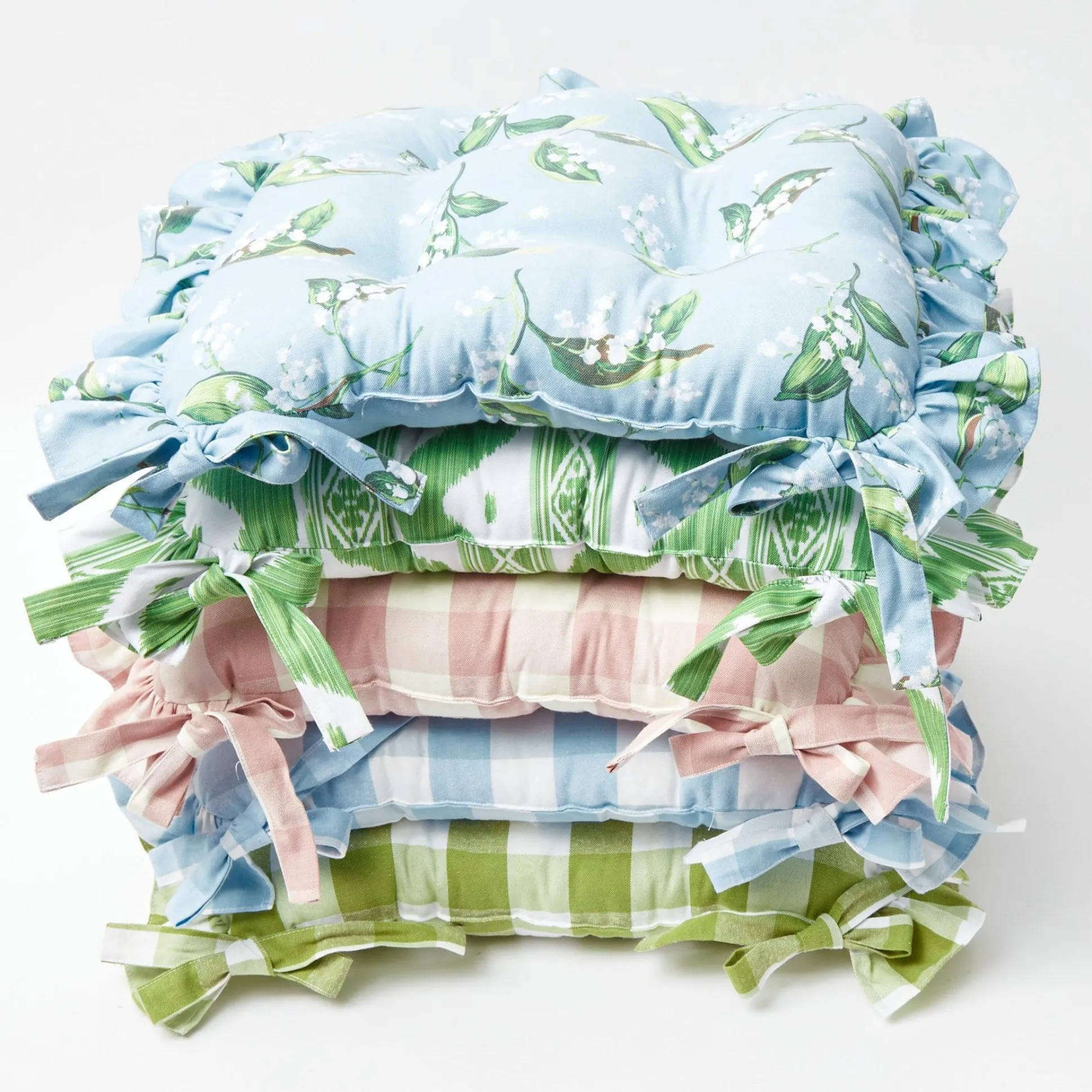 Frilled Green Ikat Seat Pad Cushion (Set Of 4)