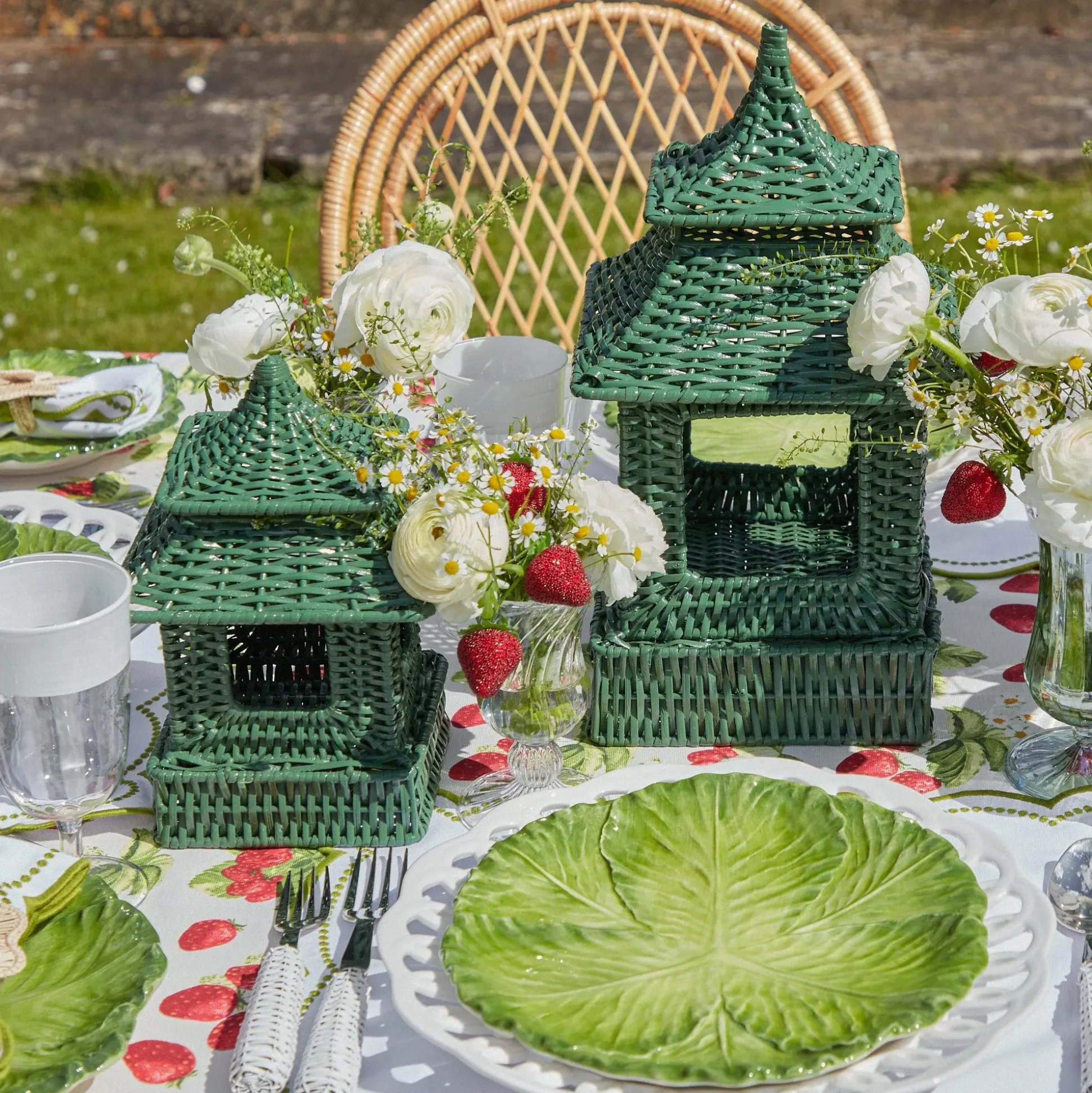 Mini Green Rattan Pagoda Lantern (Pair)
