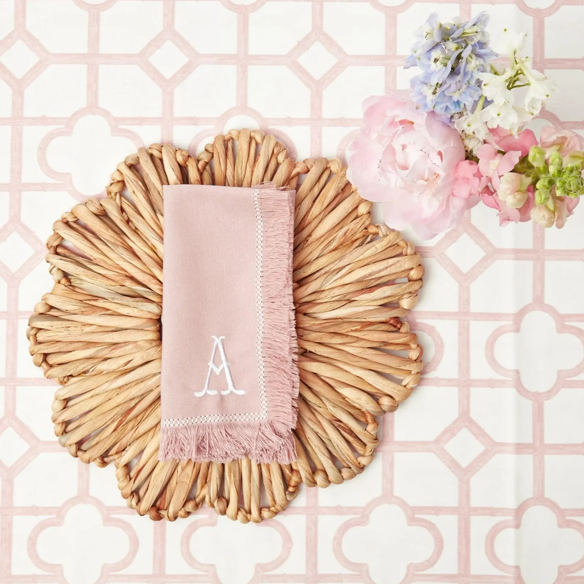 Pink Bamboo, Water Hyacinth & Pink Fringe Linen Set
