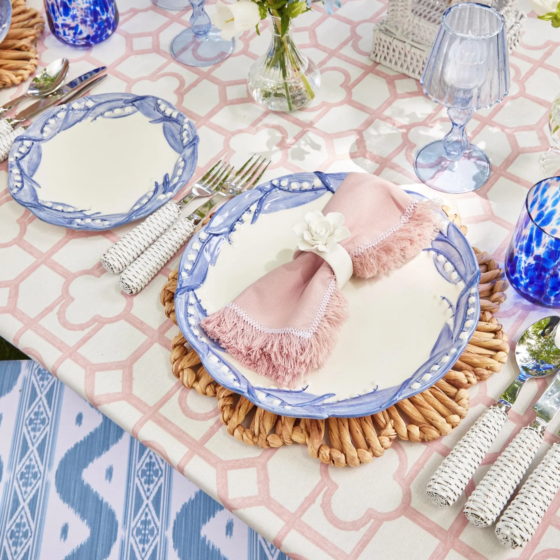 Pink Bamboo, Water Hyacinth & Pink Fringe Linen Set