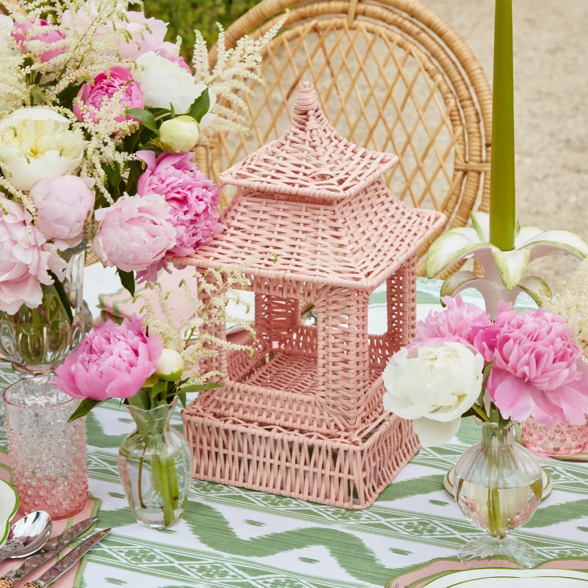 Pink Rattan Pagoda Lantern Set