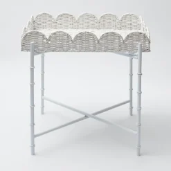 White Scalloped Rattan Tray With Stand